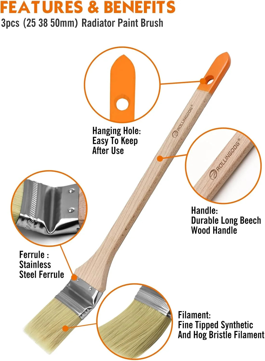 Radiator Brush - 3PC Long Handle Paint Brush for Ceilings,High Walls(