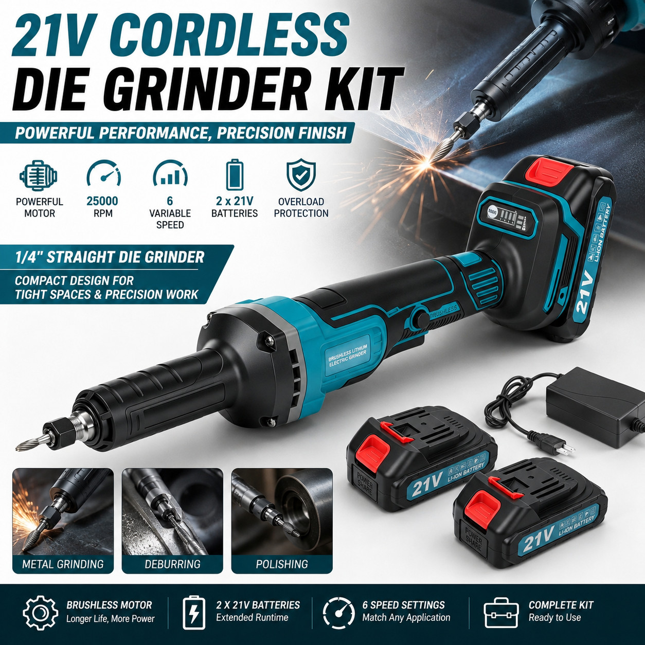 Die Grinder 1/4" Straight Die Grinder 25000rpm 6 Variable Speed  W/ 2x Batteries