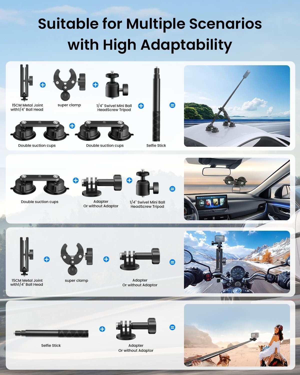 Multi-Scenario Car Camera Mount with Telescopic Selfie Stick