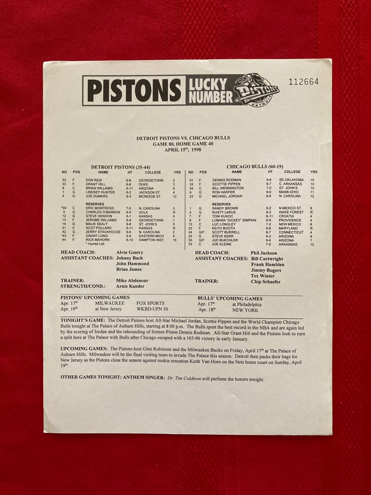 1997-1998 NBA Detroit Pistons program insert / Hill / Jordan / Last Dance