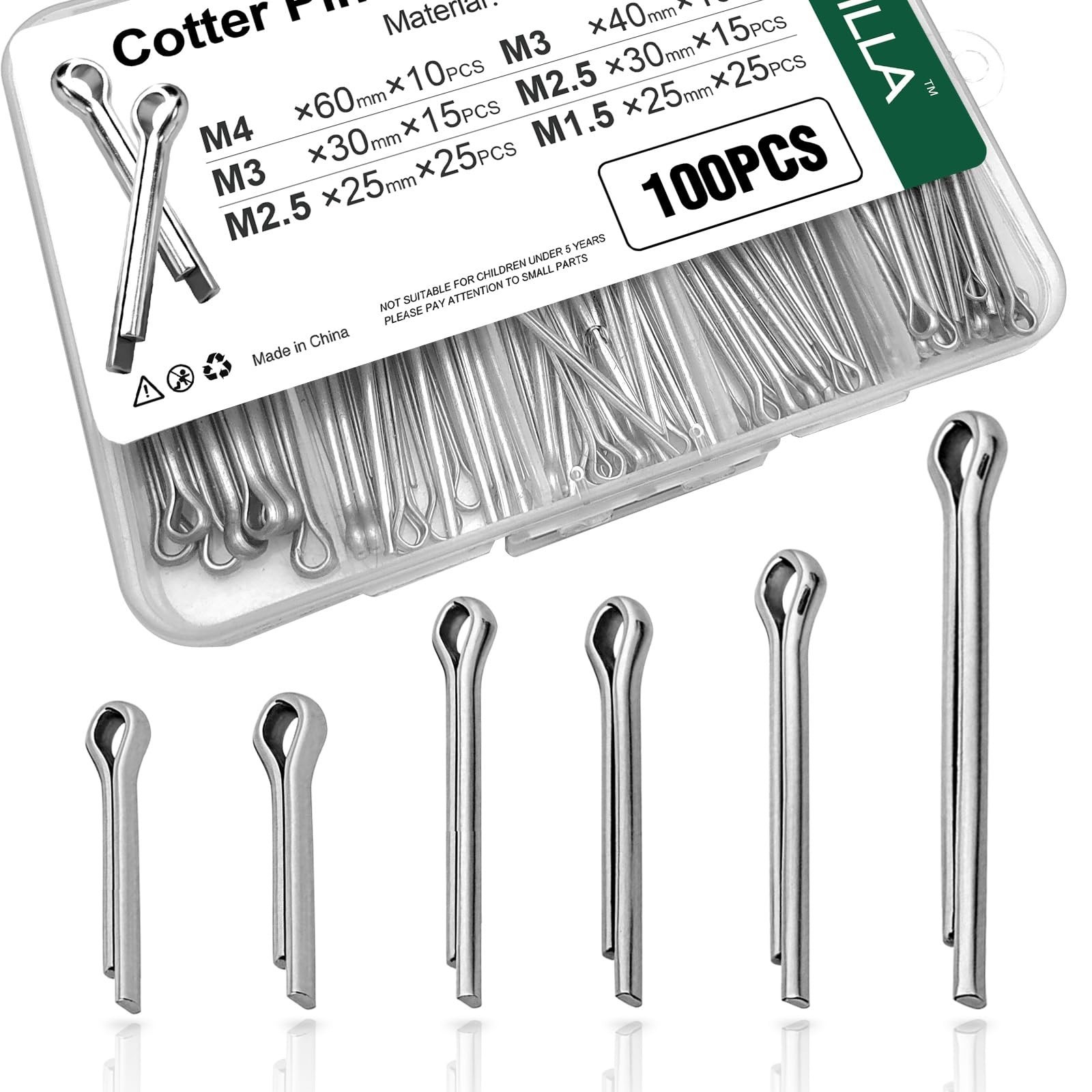Mrdilla 100PCS Cotter Pins Assortment Kit, Stainless Steel Split Pins Set for...