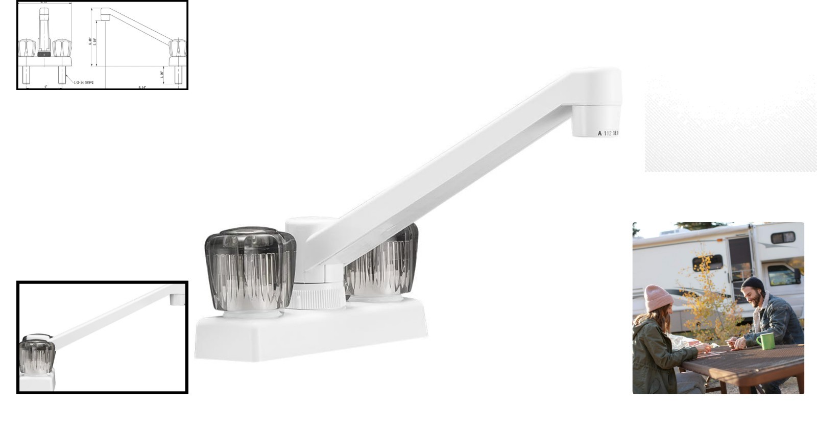Elegant RV Kitchen Faucet with Smoked Acrylic Knobs - Compact Swivel Design