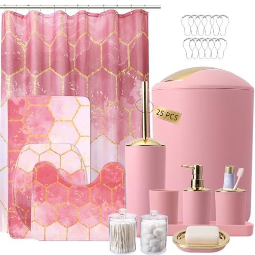 Pink Bathroom Set with Shower Bath Set+Shower Curtain+Rugs Pink and Gold