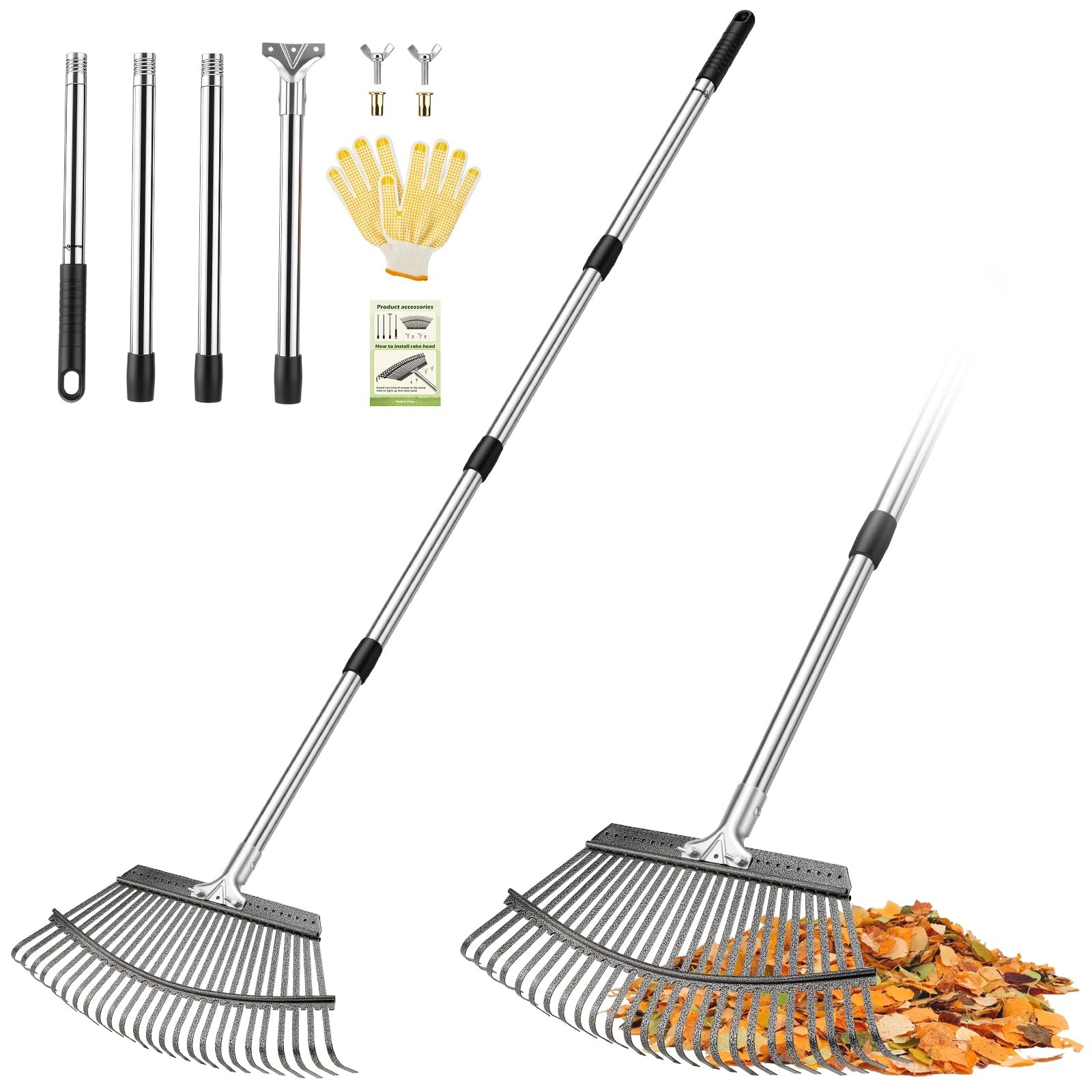 Adjustable Leaf Rake, Lightweight 18 Wider Garden 62 Long Handle, Large Metal