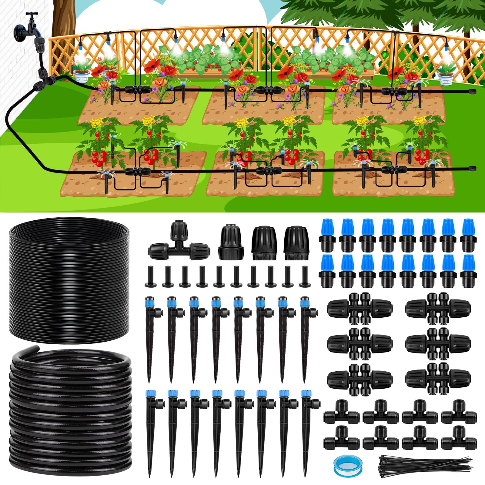 Kafuzi 230FT New Quick-Connect Drip 33FT 1/2''Main tube+197FT 1/4'' tube