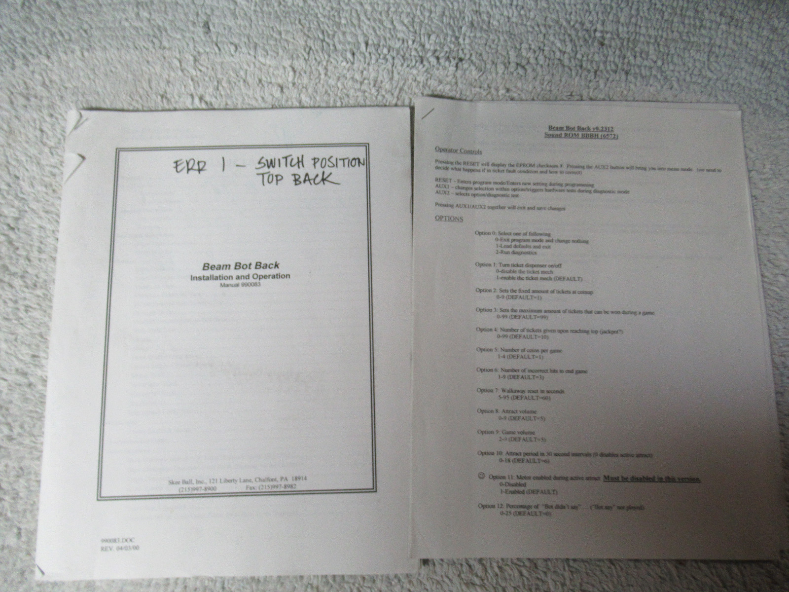 BEAM BOT BACK   arcade game manual