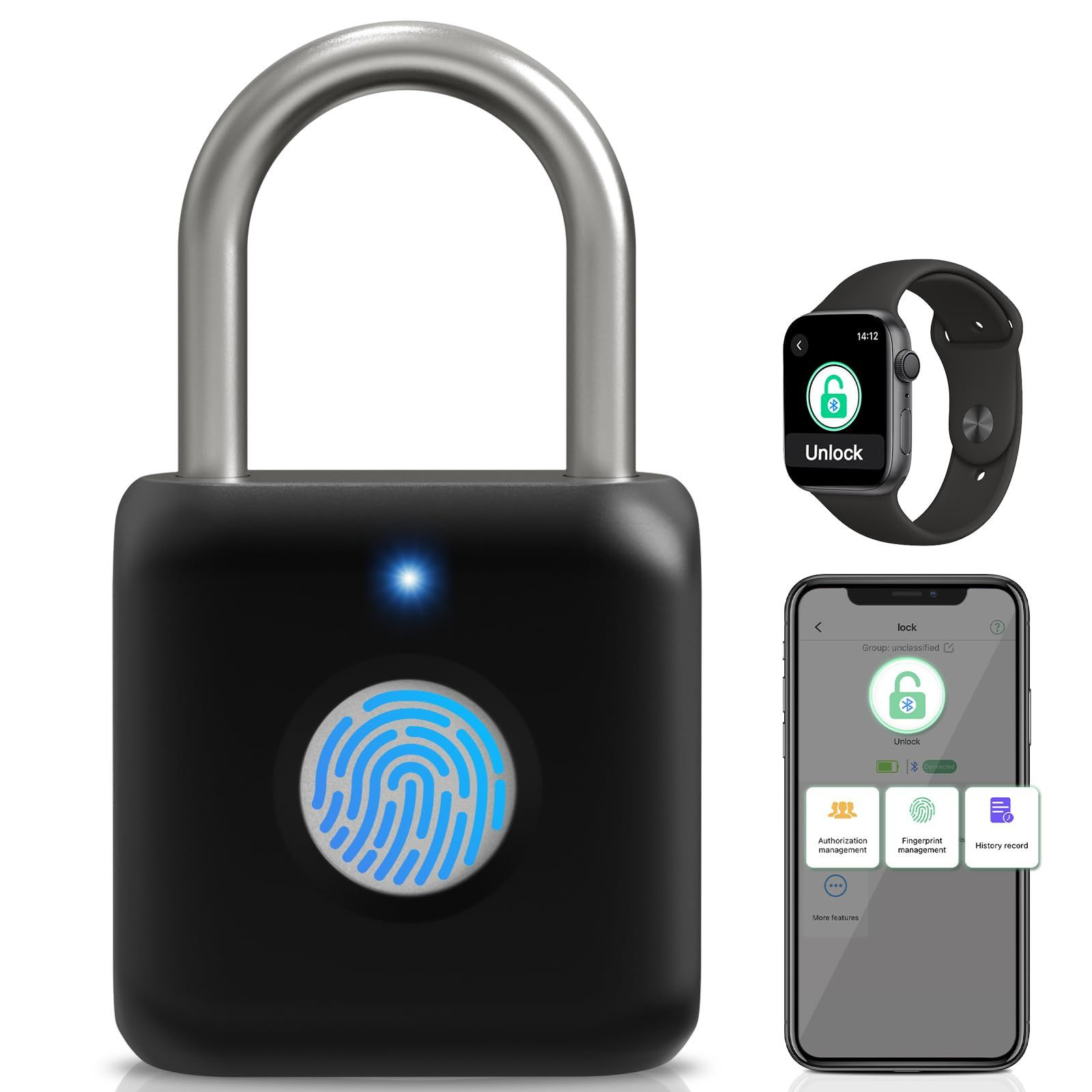 Fingerprint Padlock, Pothunder Smart Locker Lock, Small, Onyx Black