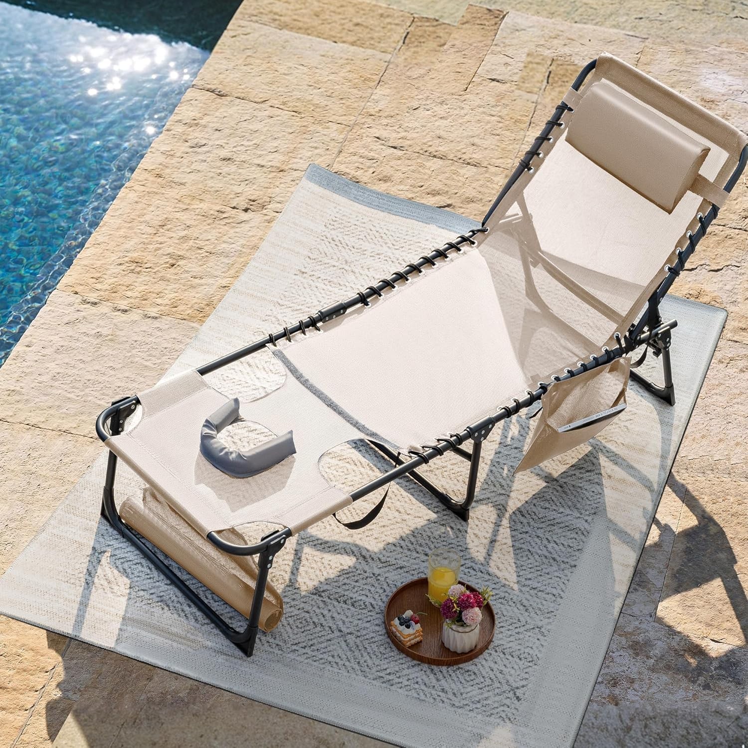 Face Down Chaise Lounge Chair 5-Position Adjustable Sunbathing (Beige, 1 Pcs)
