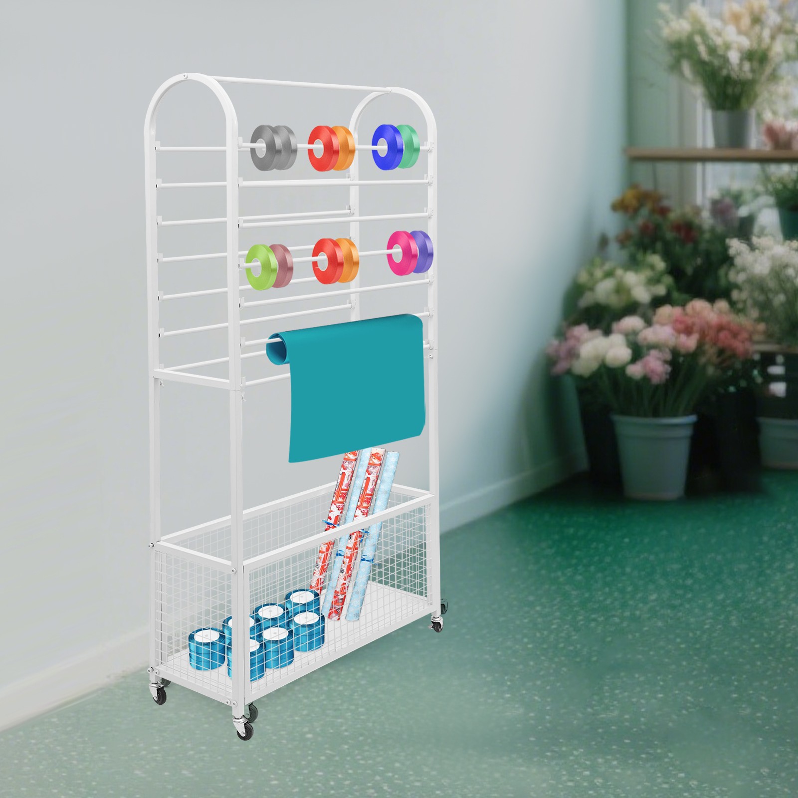 Double-Sided Ribbon Holder, White Ribbon Organizer, Ribbon Storage Display Rack