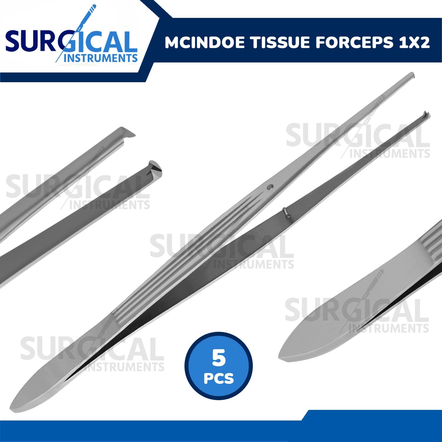 5 Pcs Mcindoe Delicate Tissue Forceps, 1.5 mm, 1X2 Teeth, Stainless German Grade