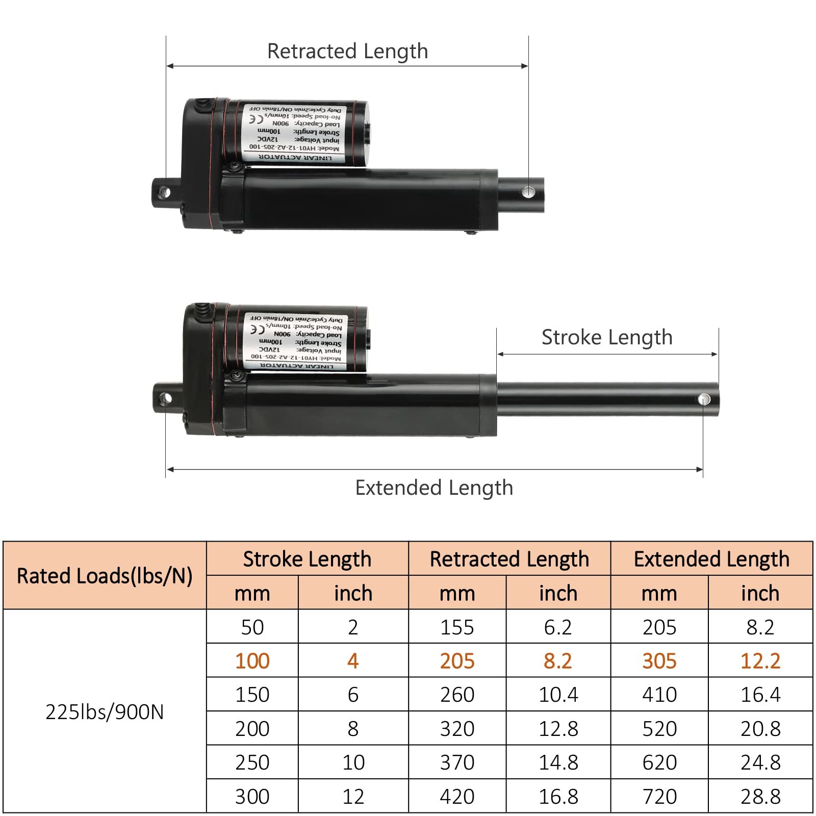 4" DC12V Stroke Linear Actuator with Mounting Bracket, 900N(202lbs) Maximum L...