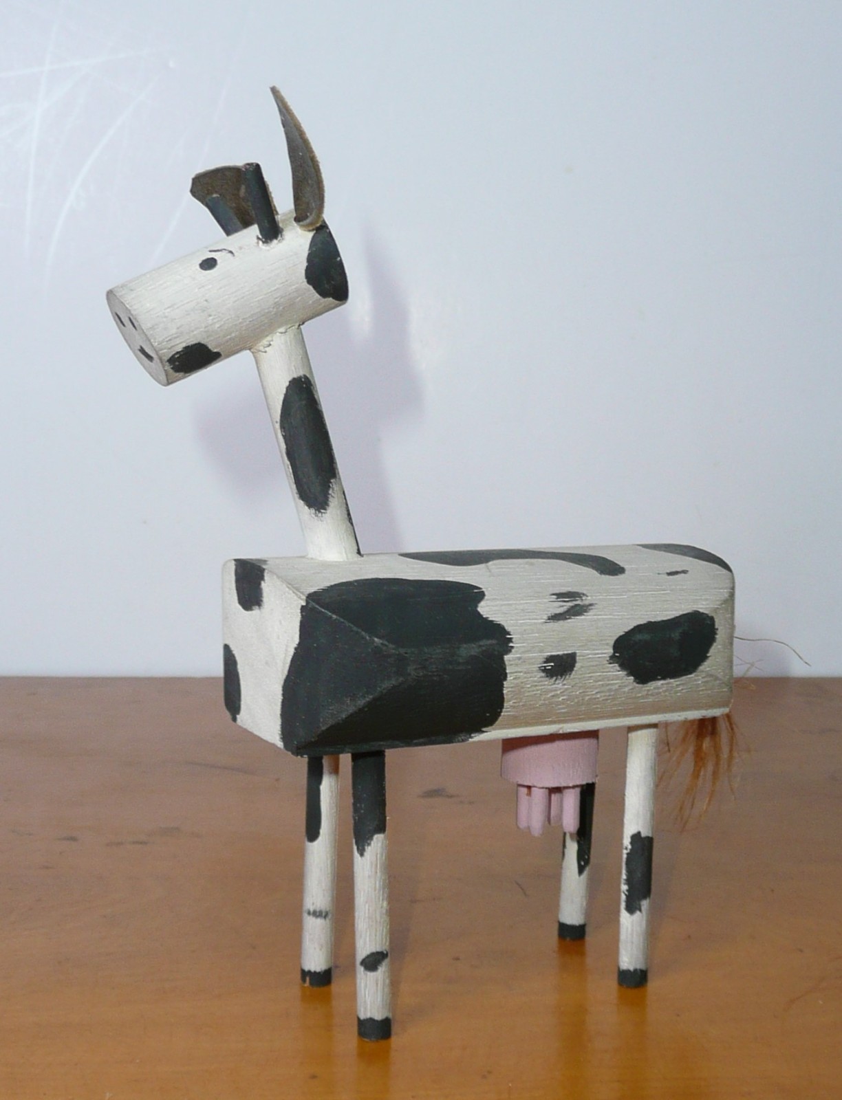 Folk Art Cow Figure Wood Leather Ears Black White Primitive Country Cottage Core