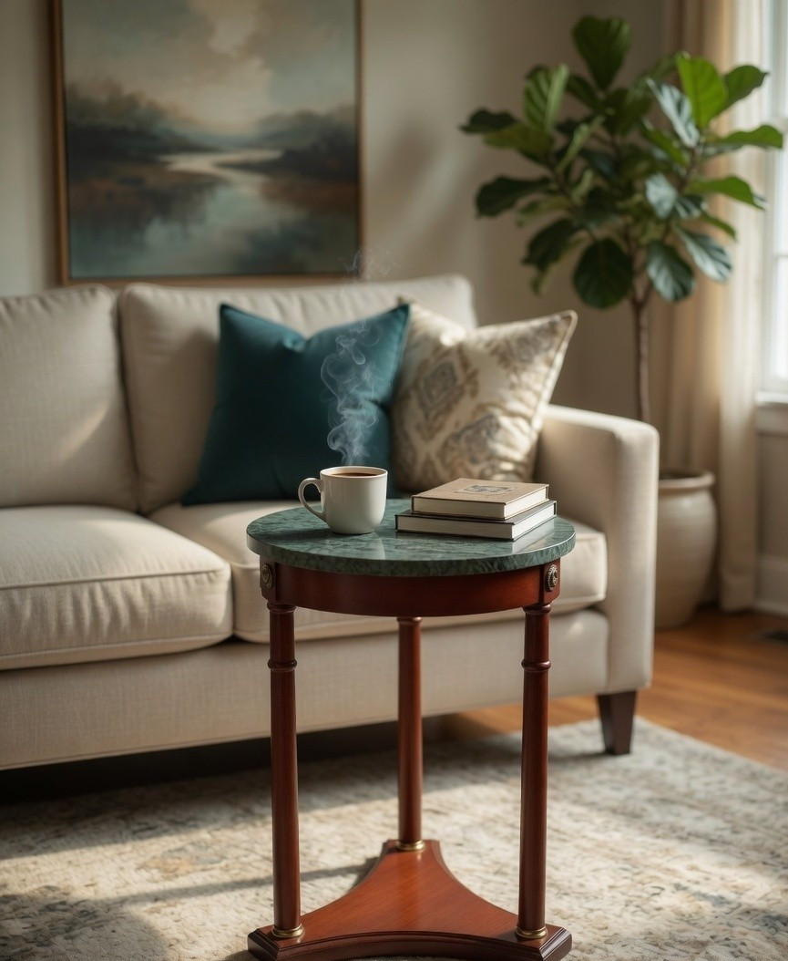 Designer Green Marble End Table – Luxury Textured Stone Table for Home Decor