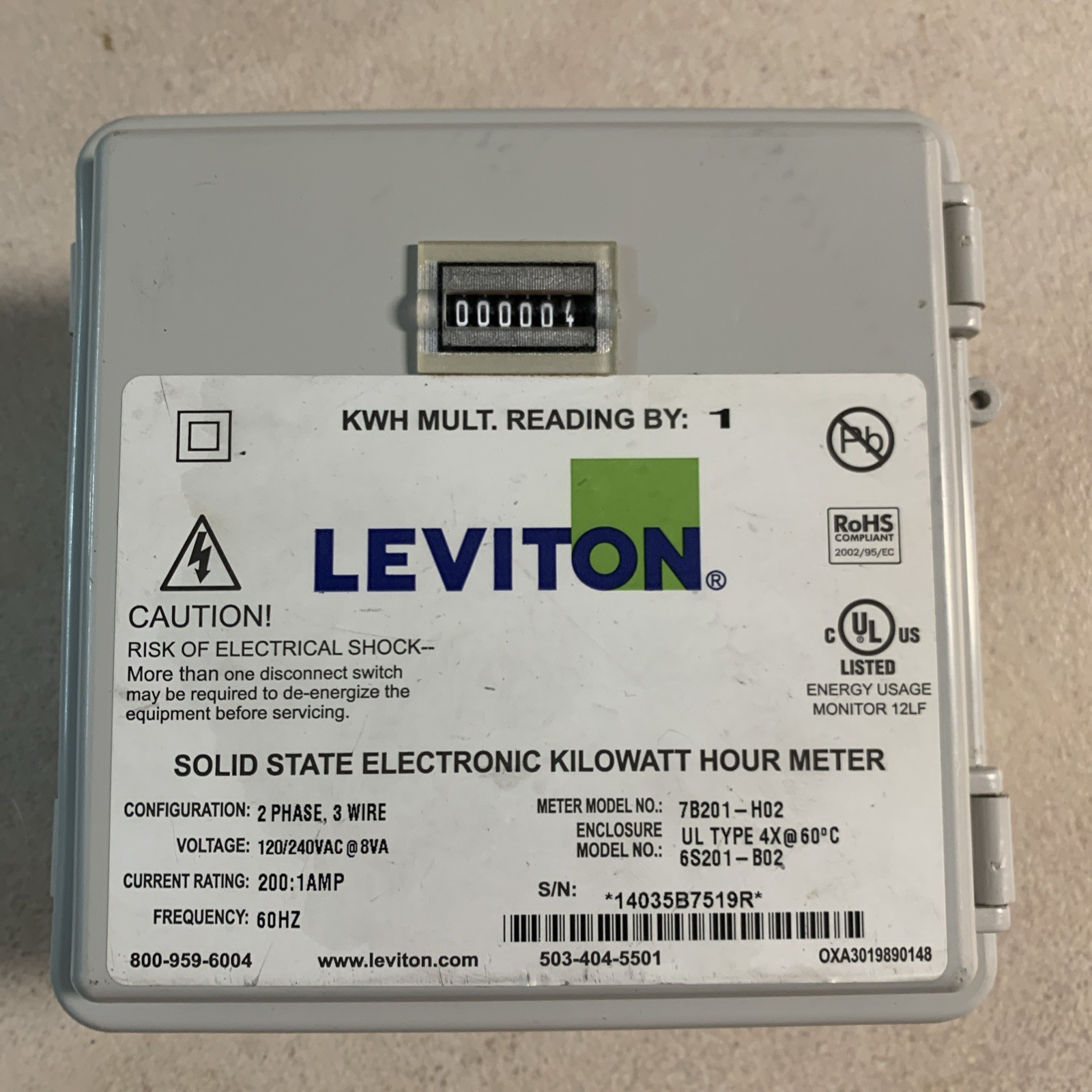 Leviton 6S201-B02 Solid State Electronic Kilowatt Hour Meter (NEW Missing Parts)