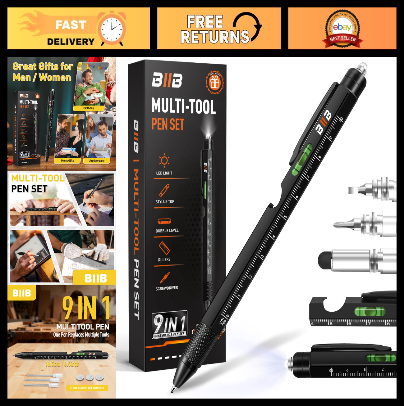 9-in-1 Multitool Pen with LED Light - Perfect Gifts for Men, Stocking Stuffers