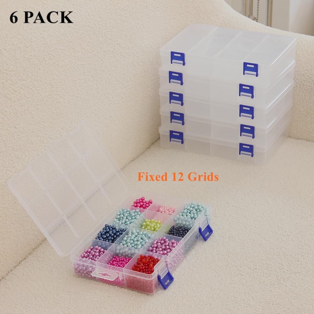 6 Pack Fixed 12 Grids Clear Plastic Storage Divider with Lid, Stackable Trans...