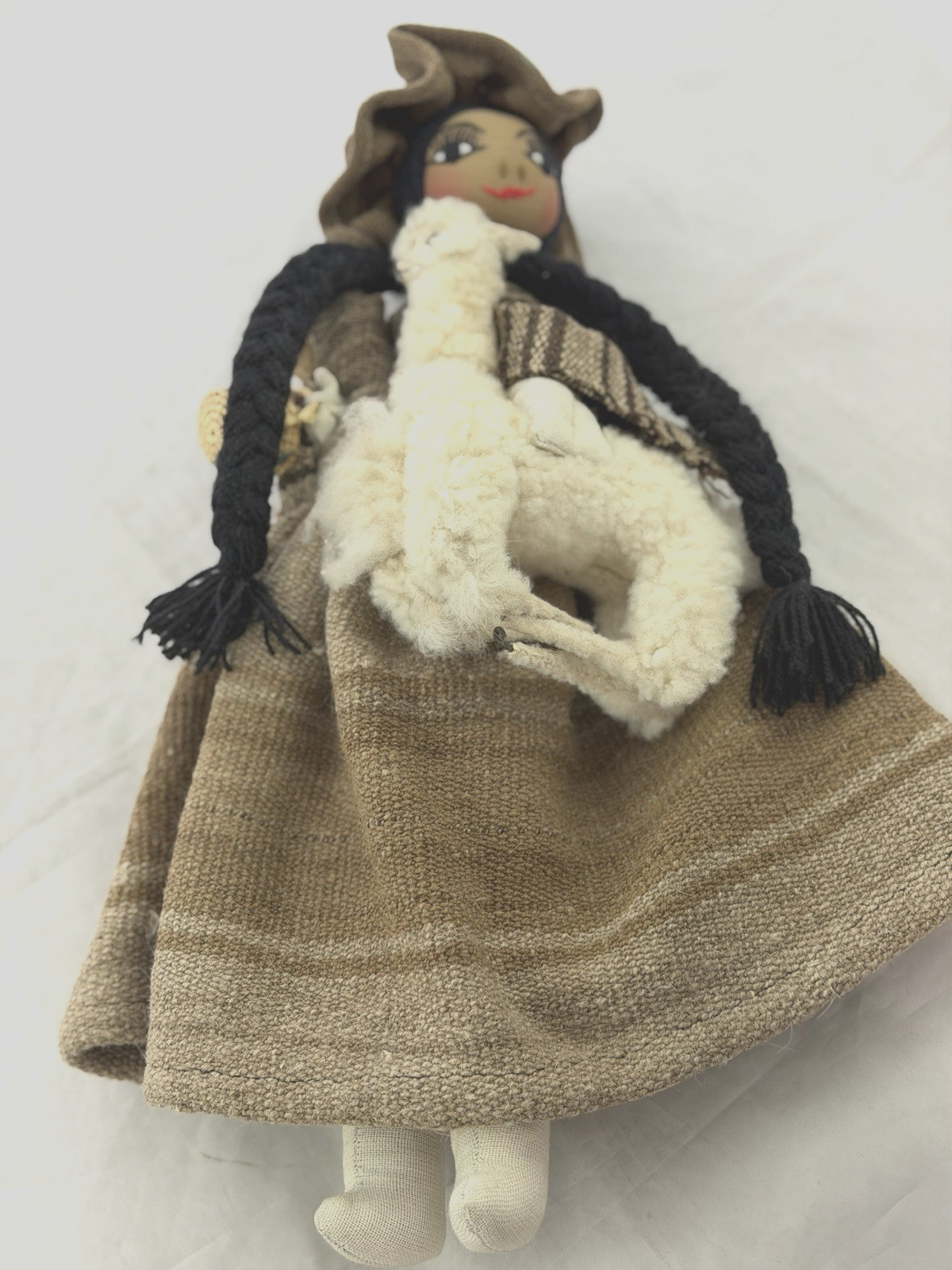 Vintage Peruvian Folk Art Doll W/Babies And Llama~ 17"