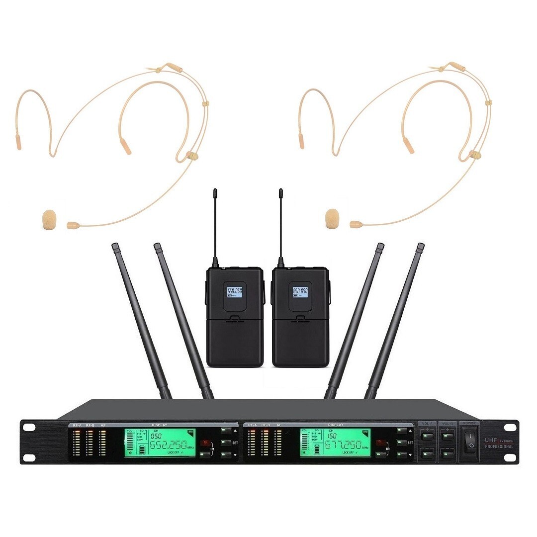 True Diversity Dual Cordless Headworn Microphone System for Shure UR4D Wireless