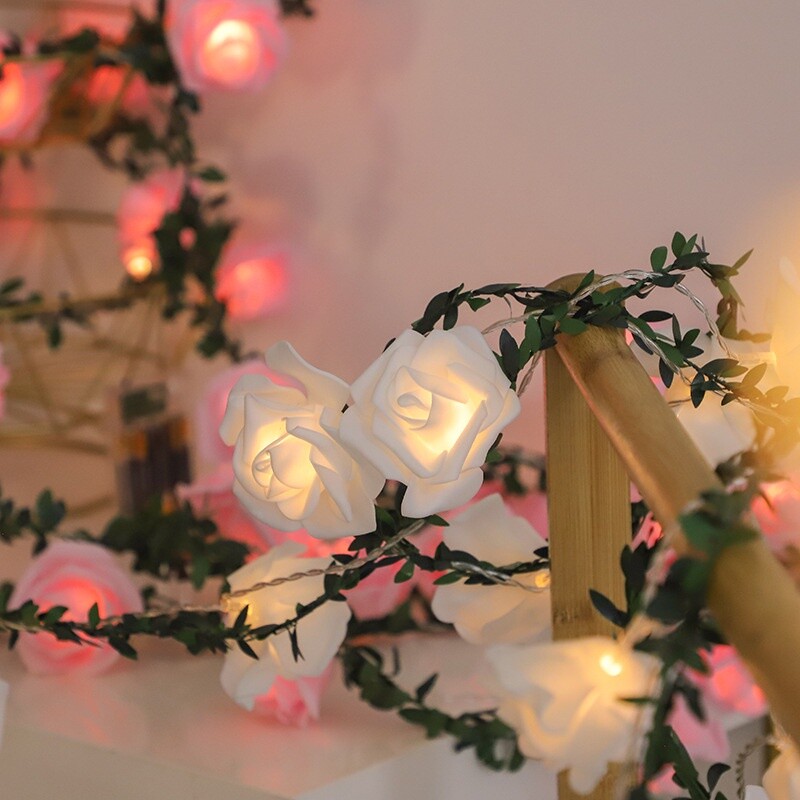 Pink White Led Rose Flower Fairy String Light Battery Powered Garland Home Decor