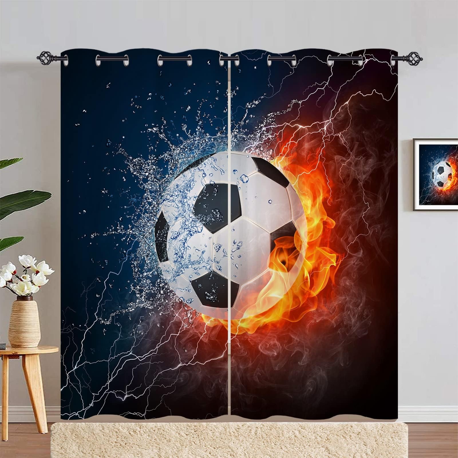 YUANZU Boys Soccer Curtains W42 x L84 Inch Grommet Sports Theme Water Flame