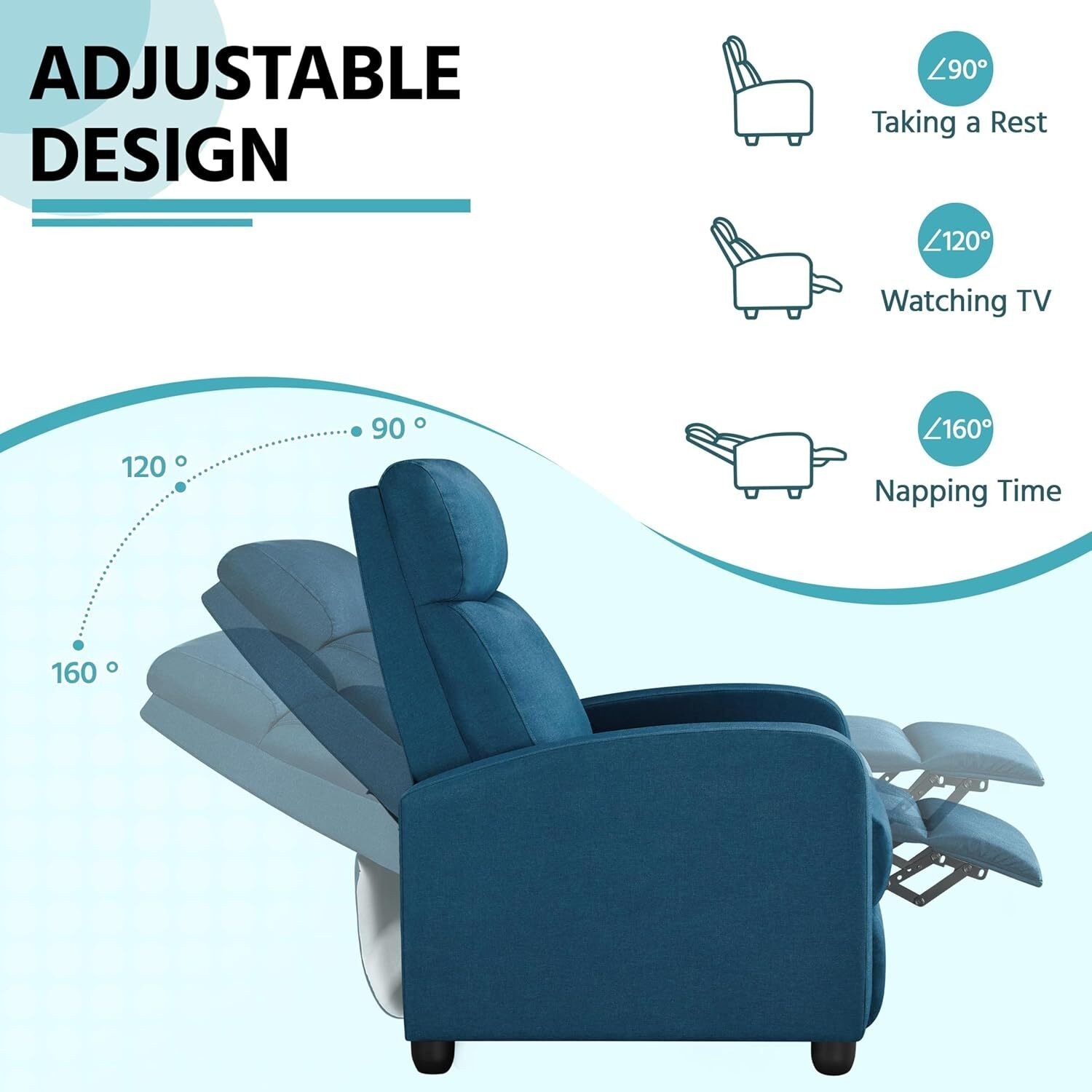 Fabric Recliner Sofa Single Theater Seating w/ Thick Seat Cushion Backrest Blue