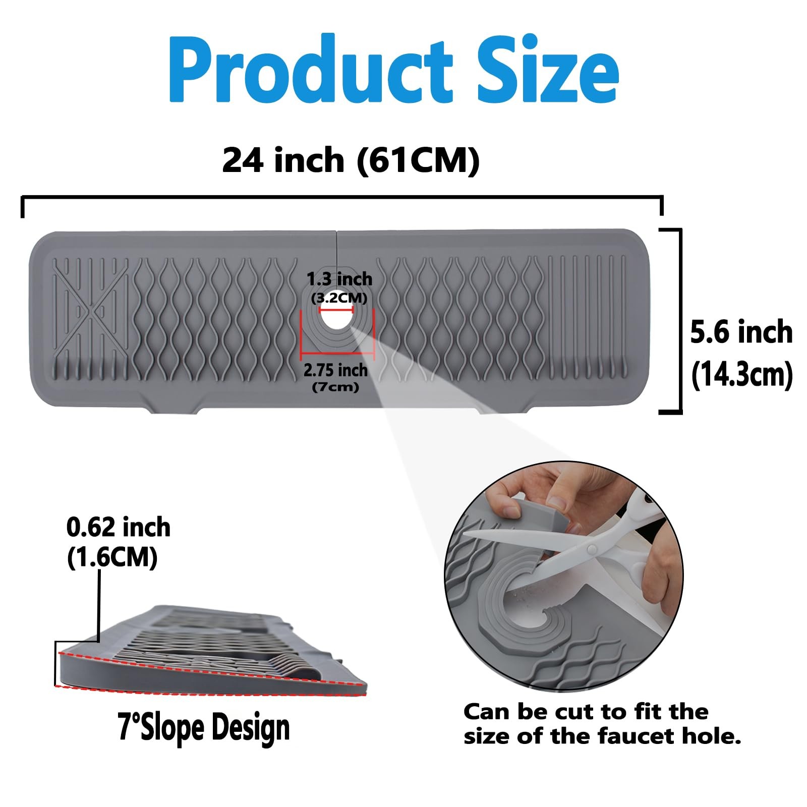 24 Inch Silicone Faucet Mat for Kitchen Sink, 7° Slope Fast Self-Draining Sin...