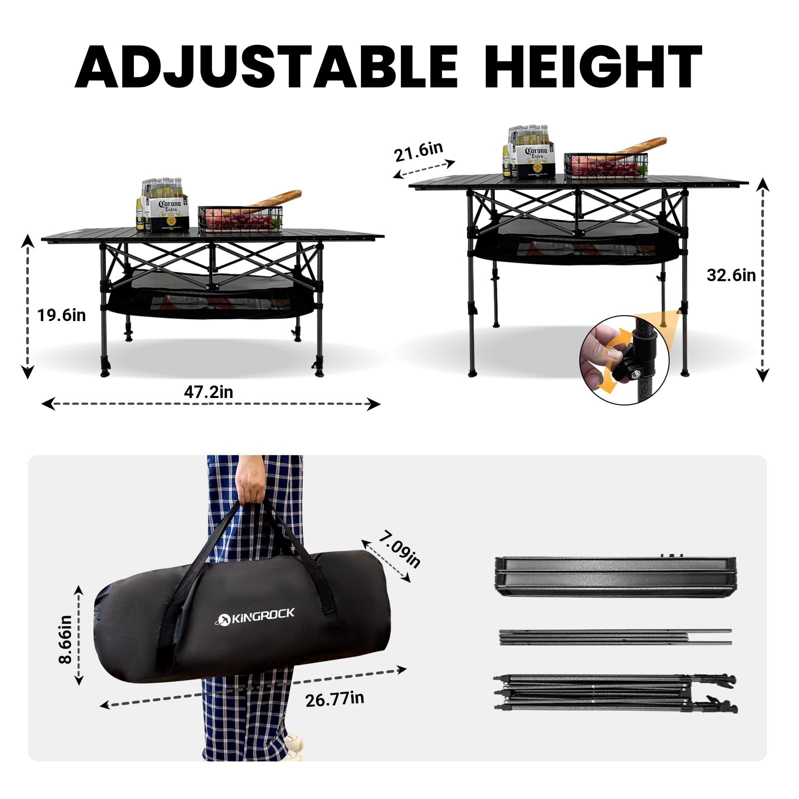 Foldable Height Adjustable Aluminum Camping Table with Carry Bag for Outdoor Use