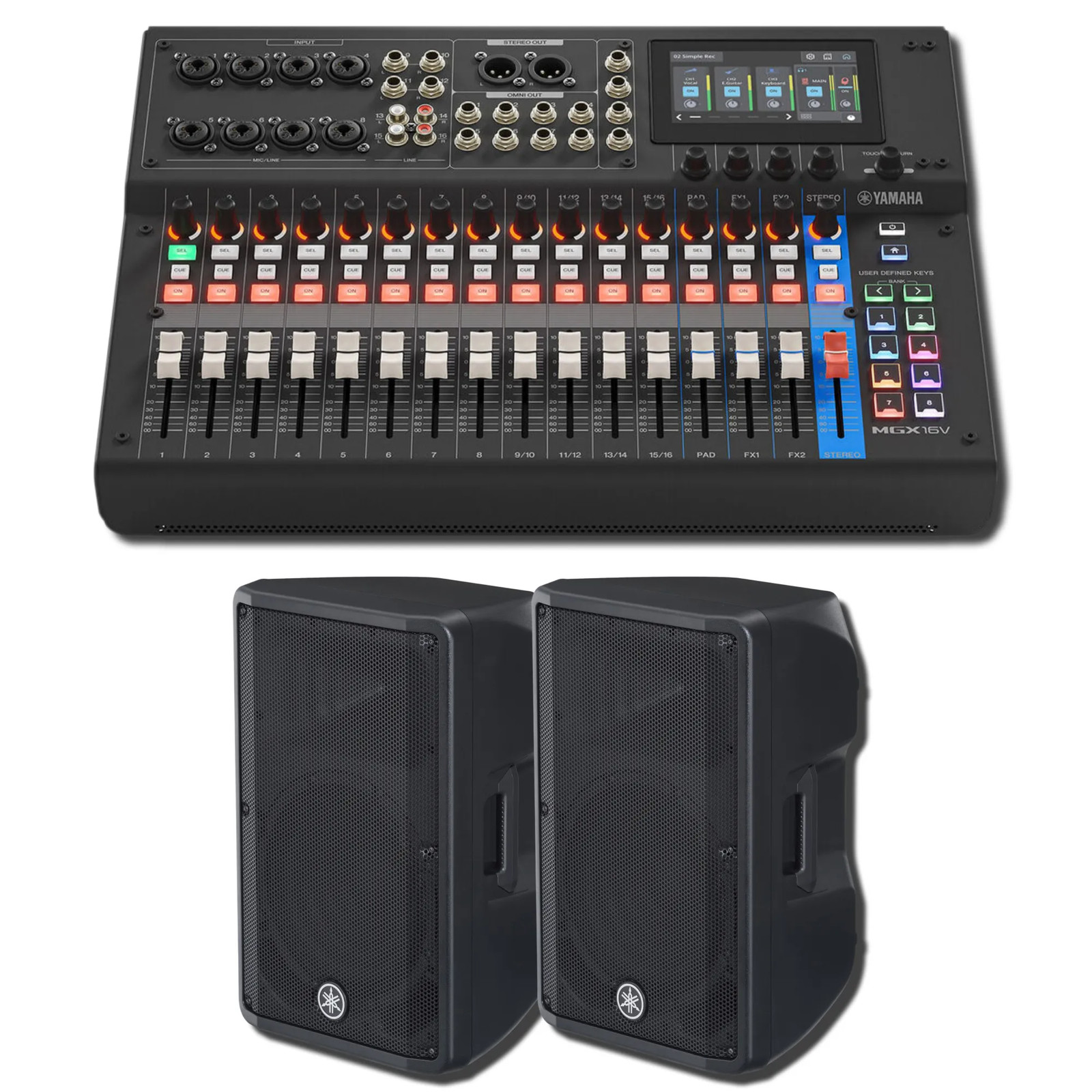 Yamaha MGX16V B 22-Ch Digital Mixer w/ 2x DBR12 1000W Powered Speakers Bundle