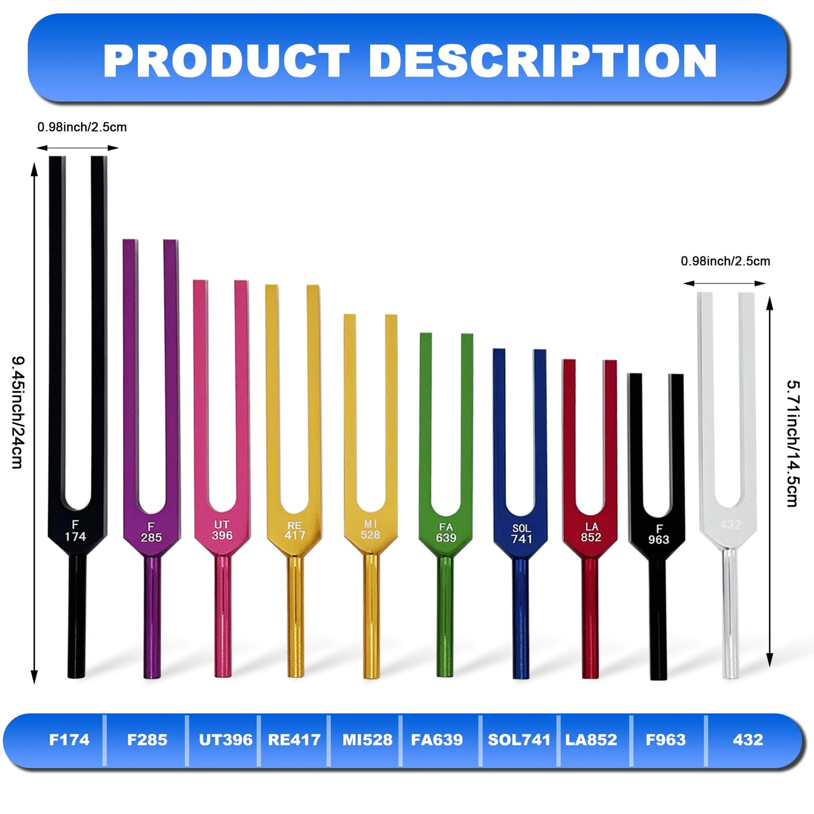 Solfeggio Tuning Forks Set, 10 pcs Solfeggio 10 set Multicolourï¼ˆ(Upgraded)ï¼‰