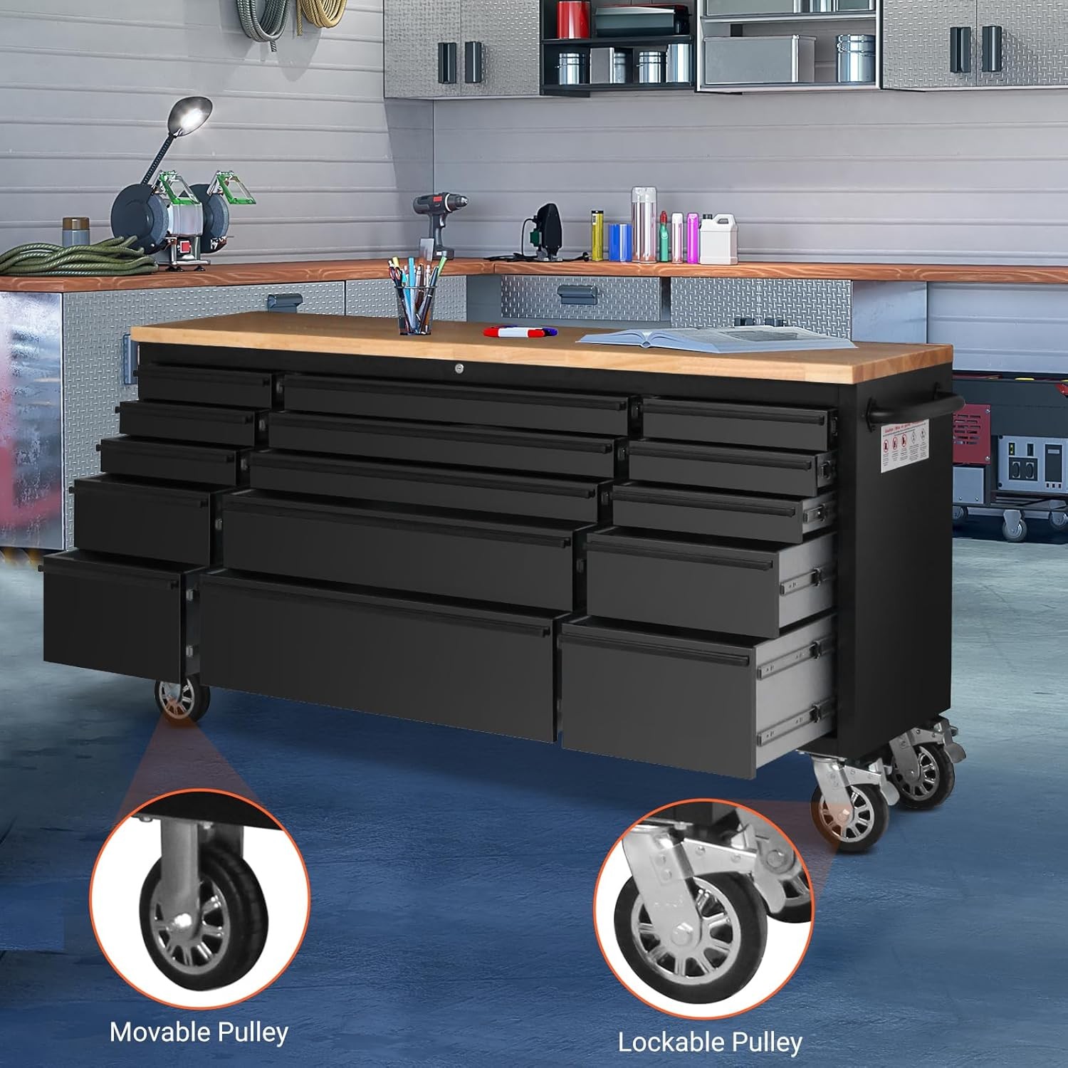 Rolling Tool Chest 72 Inch 15 Drawer Mobile Garage Workbench Solid Wood Top