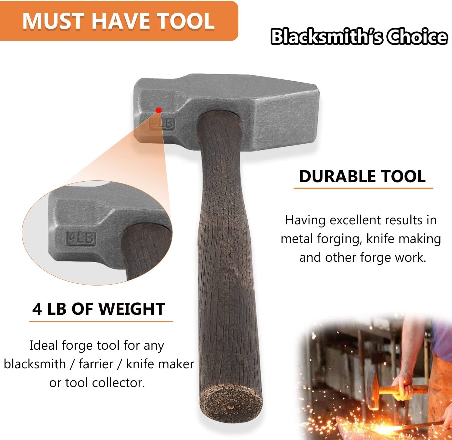4 LB Blacksmith Forge Hammer For Knife Making Bladesmith Metal Forging Tool