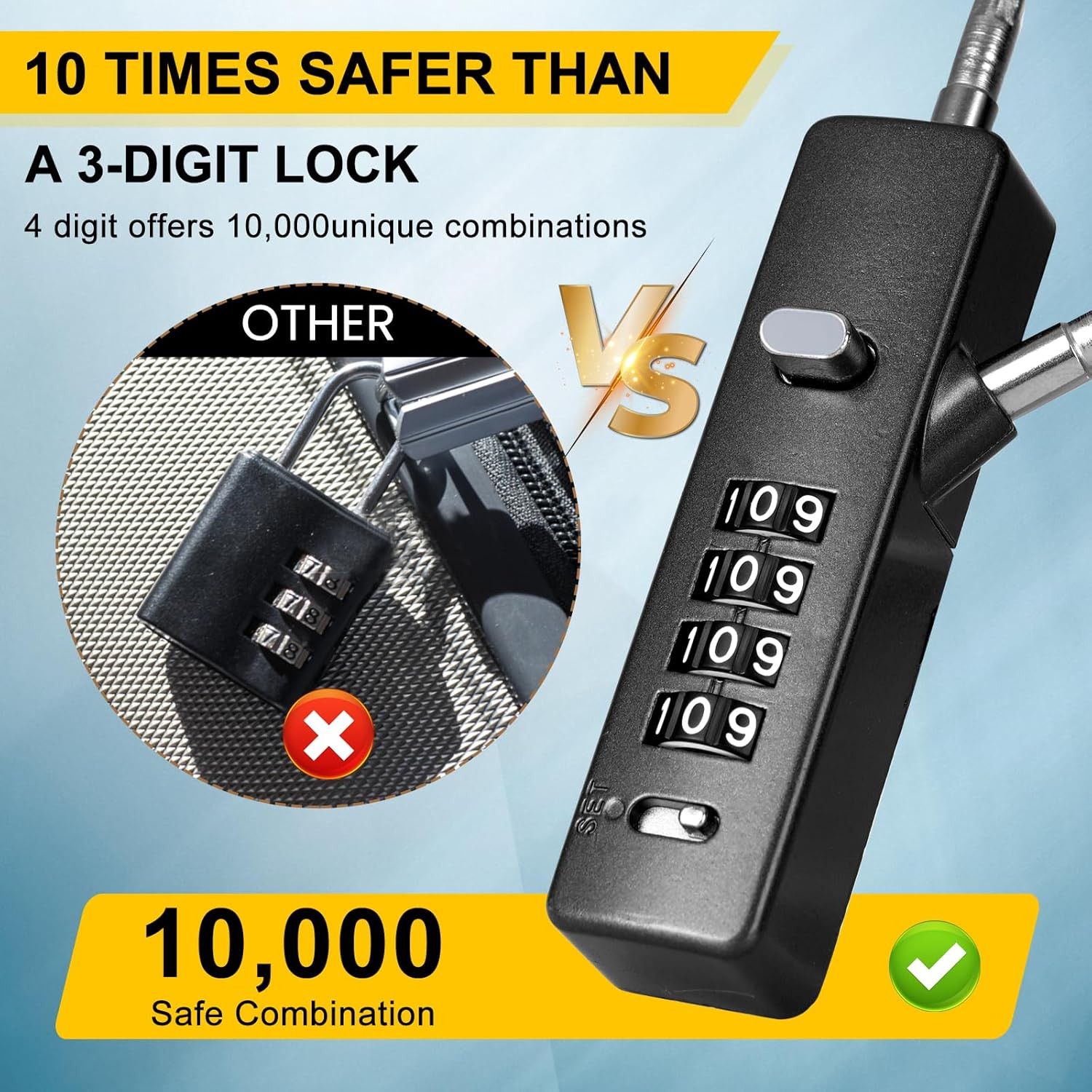 DELSWIN Cable Locks with Combination, 4-Digit Gate Lock with 3 Steel Ropes (9''