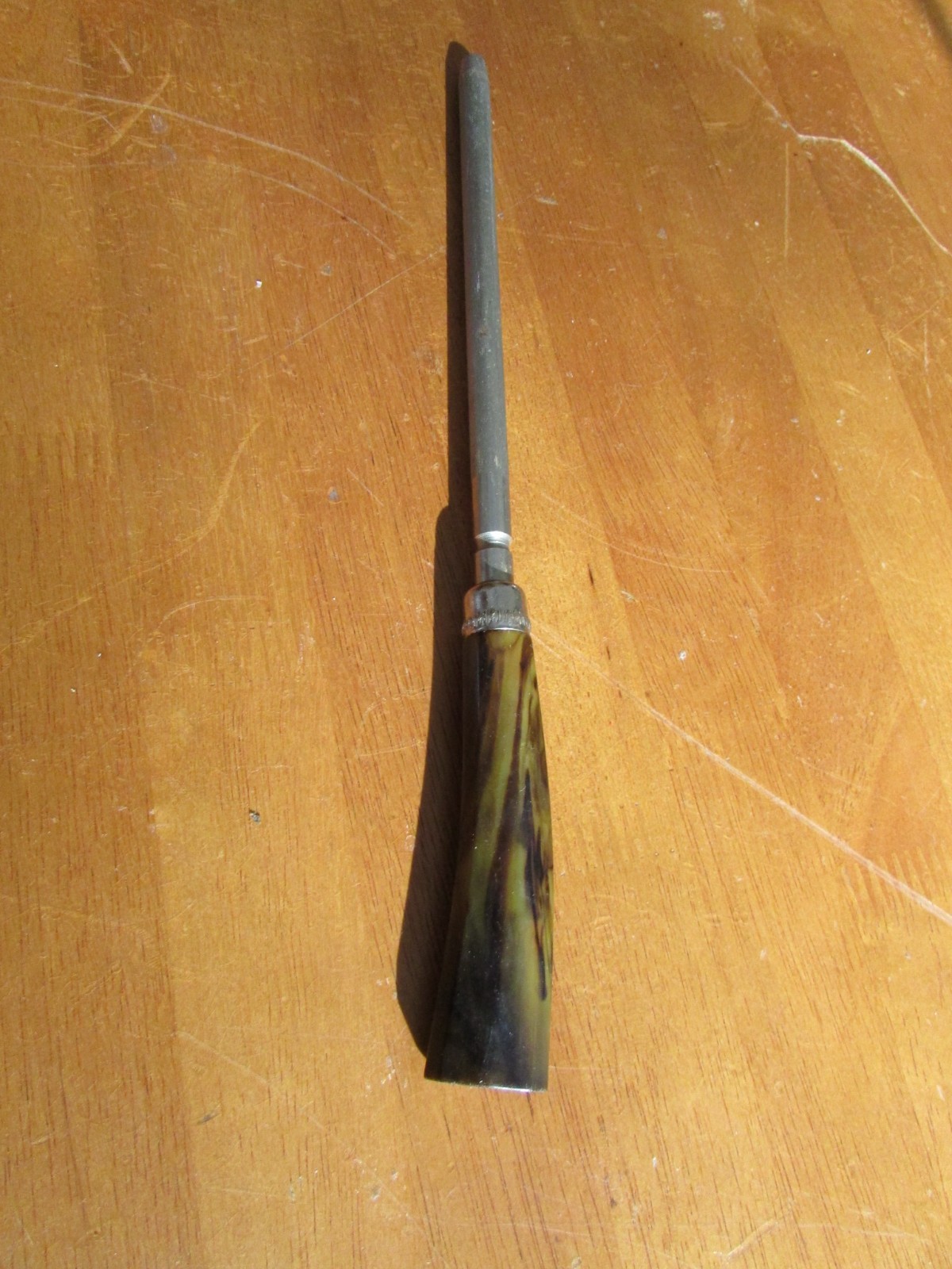 Vintage Brown & Yellow Swirl Silver Metal Knife Straightening Rod 11.25" Long