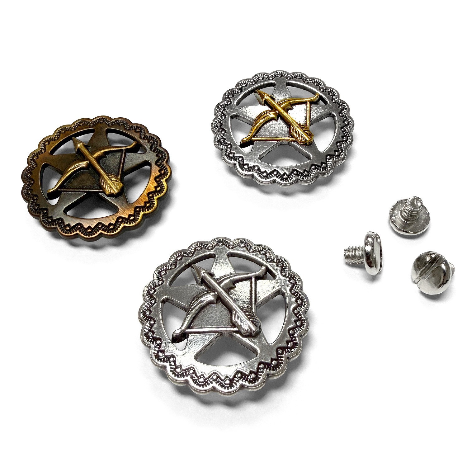 Set of 6 Art Tack Craft 1-1/4" Engraved Archery Bow and Arrow Conchos Screw back
