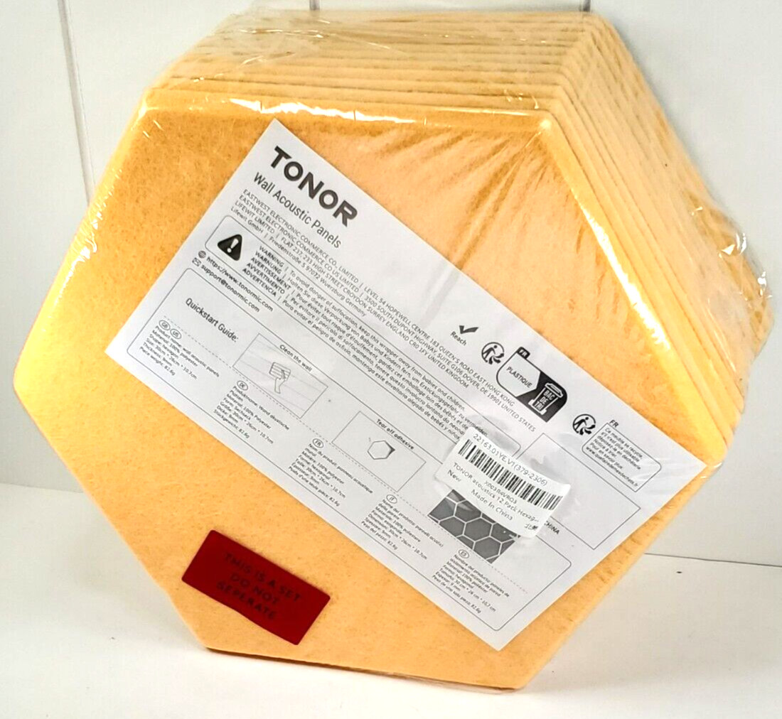 TONOR Acoustic Wall Panel 10 Inch Hexagon Wall Panel, Self Adhesive Yellow 12 PK