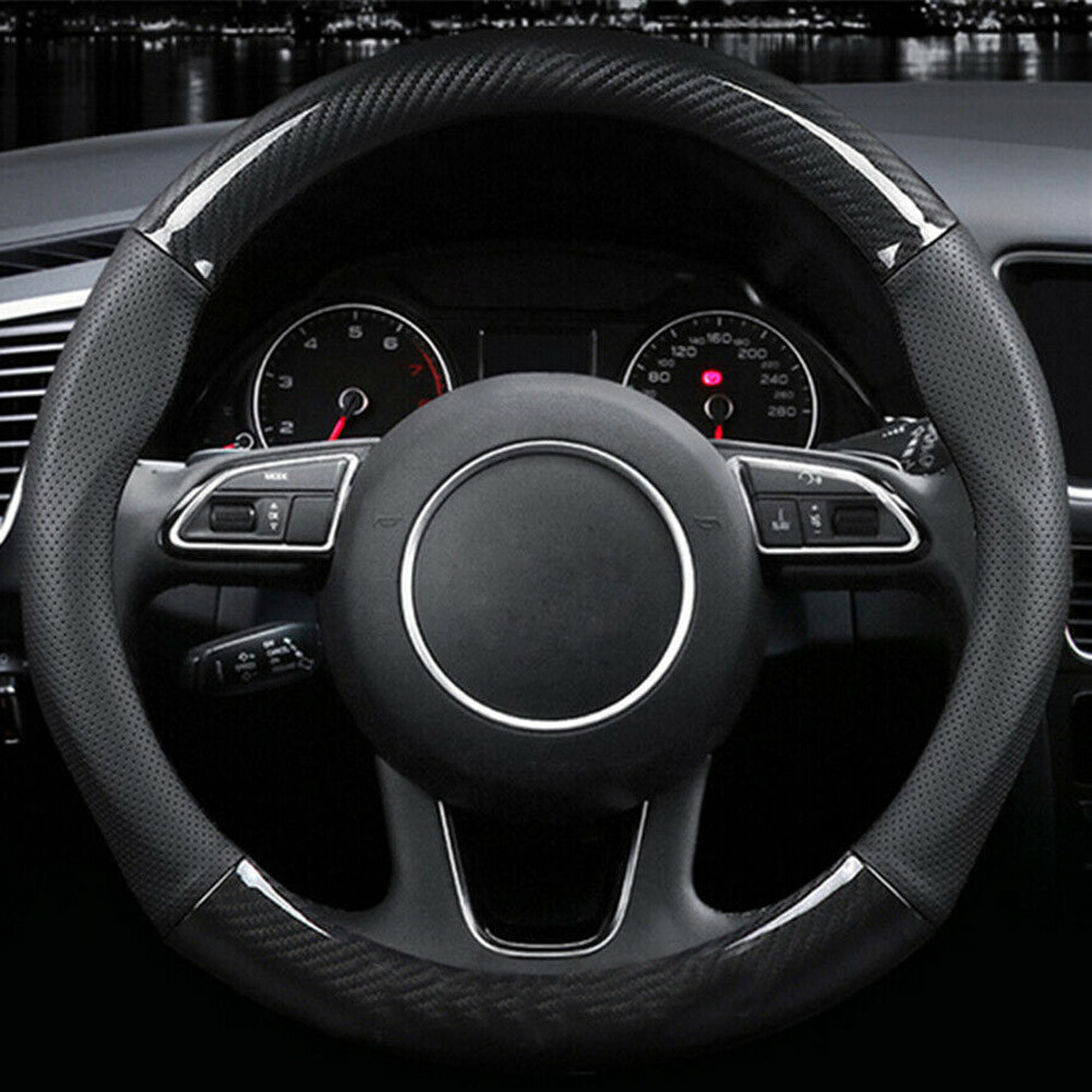 Sports Style Black Carbon Fiber PU Leather Car Steering Wheel Cover 38CM 15" US