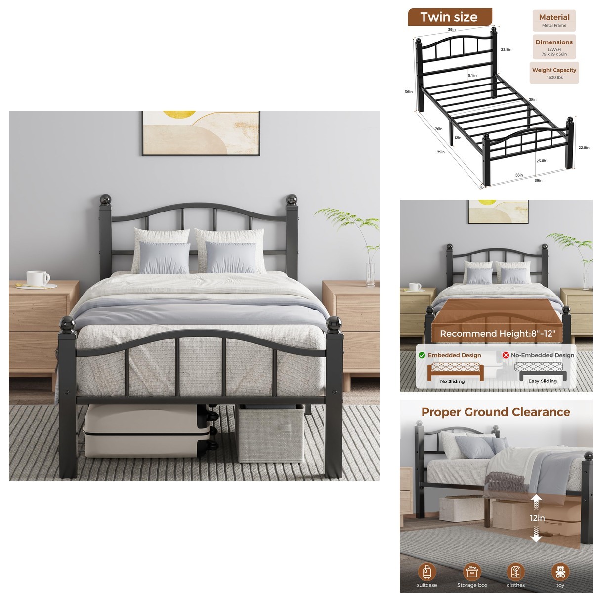 Blbeed Metal Twin Bed Frames, Noise-Free Design & Underbed Storage Heavy Duty