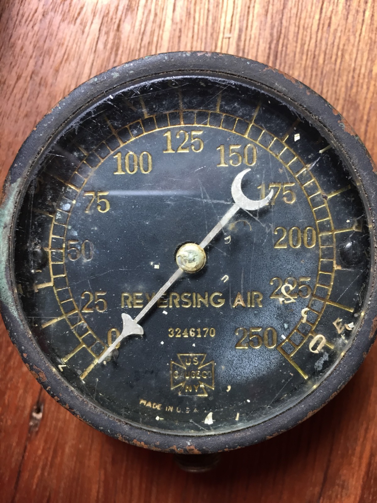 Antique Solid Brass Air Gauge US Gauge Co " Reversing Air", From An Old Tugboat
