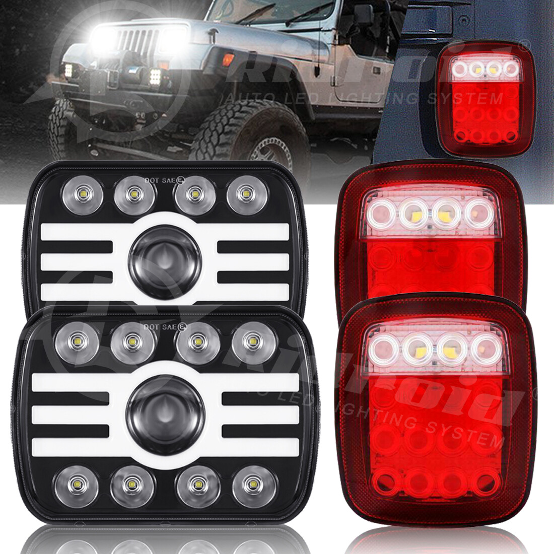 For 1987-1995 Jeep Wrangler YJ 7x6" 5x7 LED Headlight + Tail Brake Lights Combo