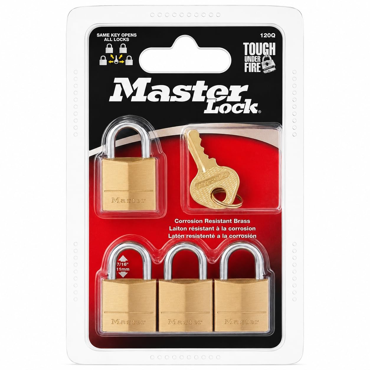 Master Lock Padlock, Solid Brass Lock, 3/4 in. Wide, 120Q 4 Pack, 3/4" 4-Pack