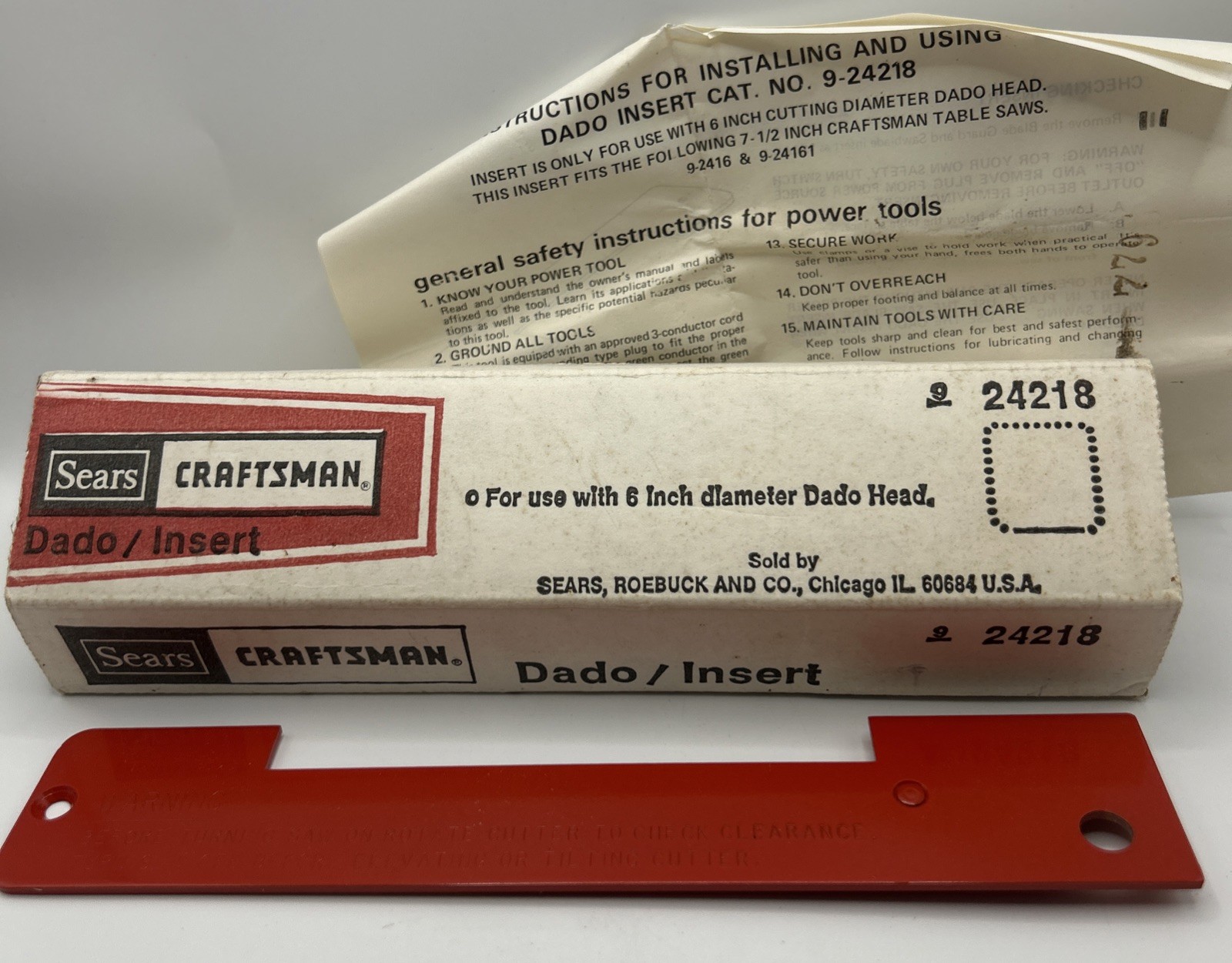 Sears Craftsman Table Saw 6” Dado Head Insert Plate 9x 1-7/8 Open Box #24218 New