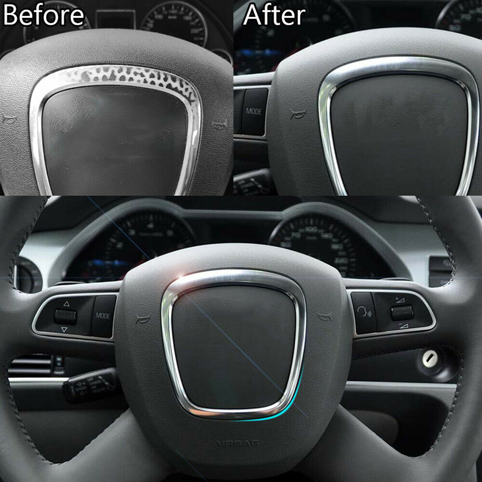 Chrome Steering Wheel Trim Frame Emblem Replacement For AUDI A4 A6 C6 Q5 Q7