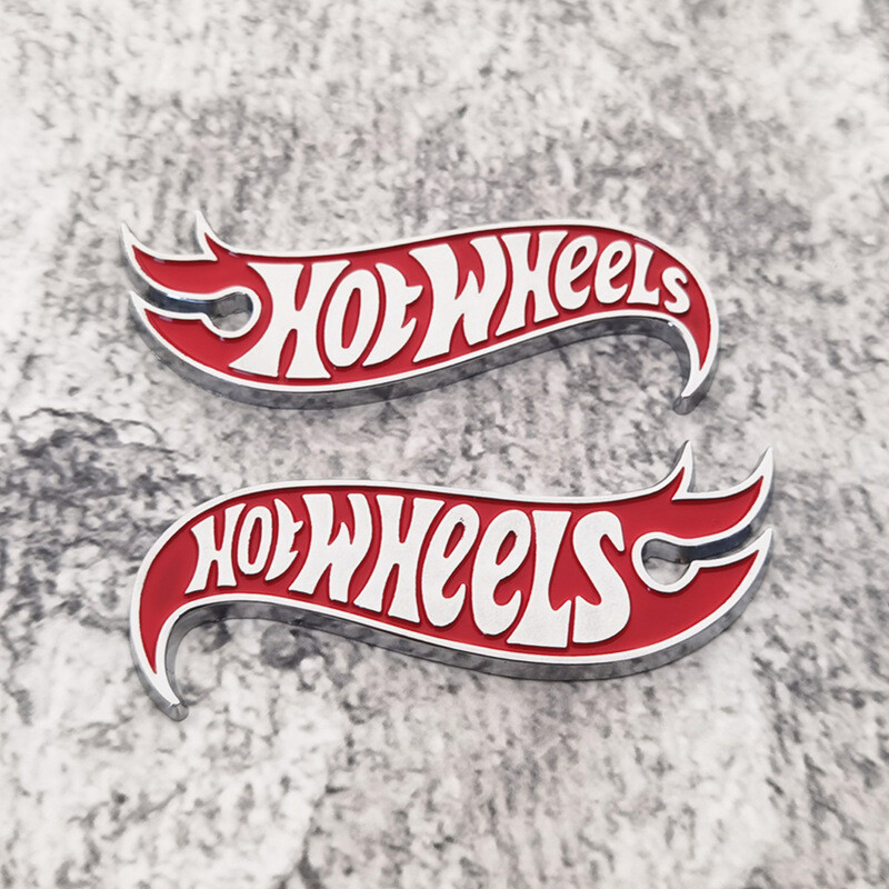 2x Metal Red Silver Hot Wheels Fender Lid Hood Badge Hotwheels Decal Emblem