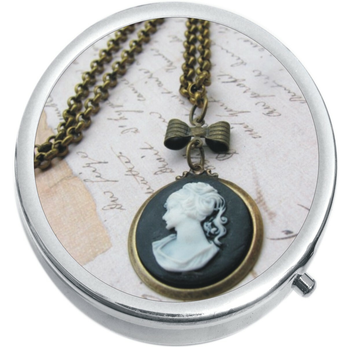 Antique Cameo Medicine Vitamin Compact Pill Box