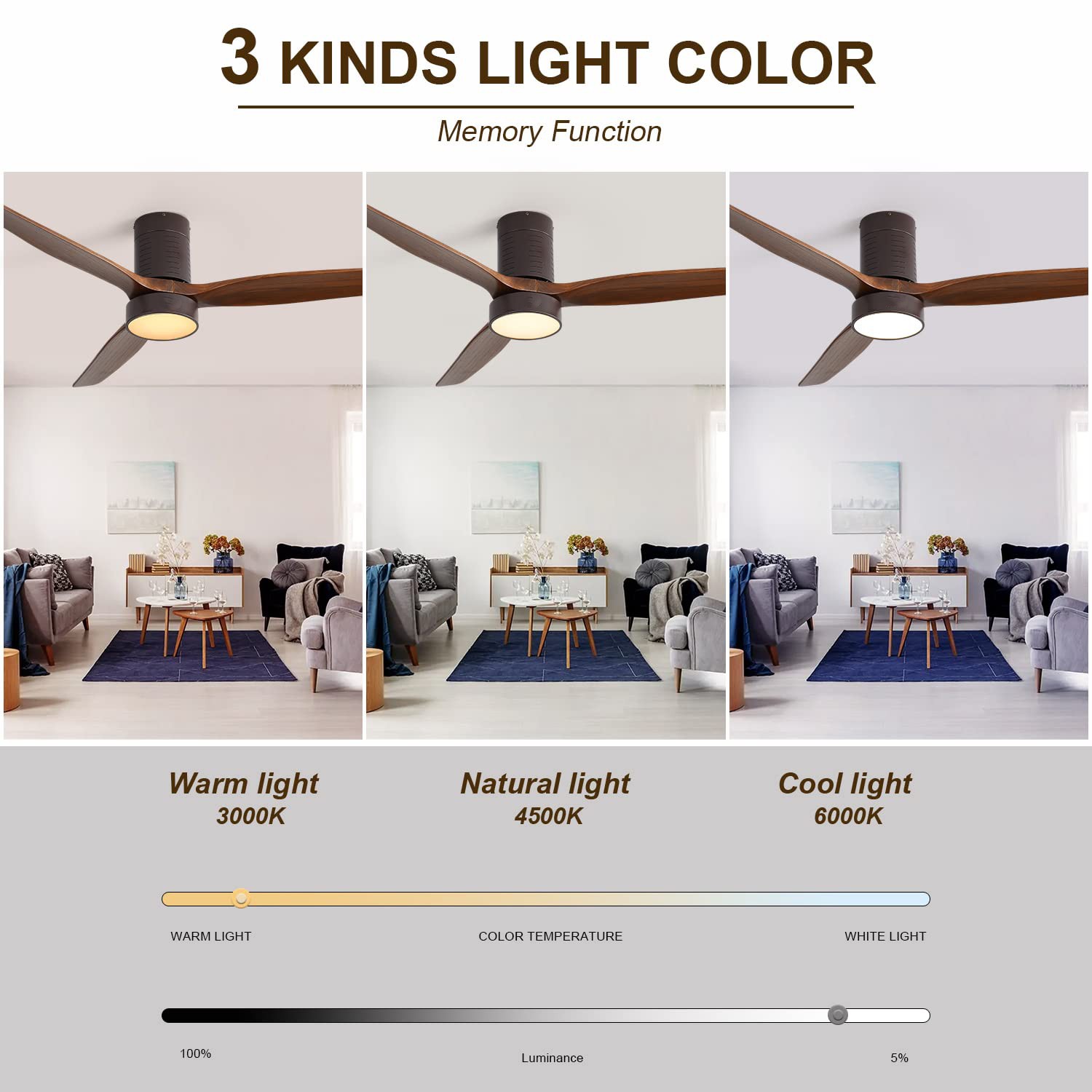 52"Flush Mount Ceiling Fan with LED Light and Remote Control Solid Wood Blades