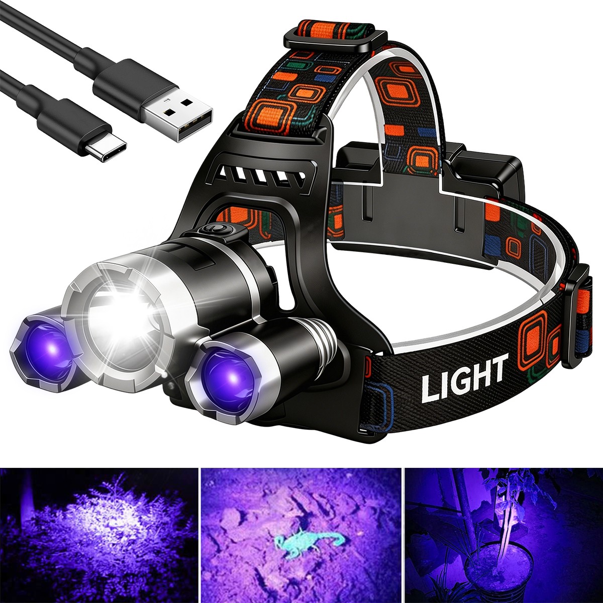 UV 395NM Rechargeable LED Headlamp with 4 Modes For Stains Detection Lighting