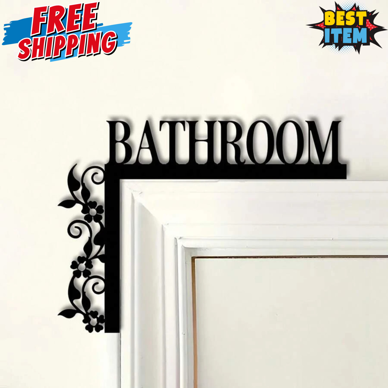 Bathroom Door Sign Wall-Mounted Iron Metal Art Decor Plaque with Floral Design