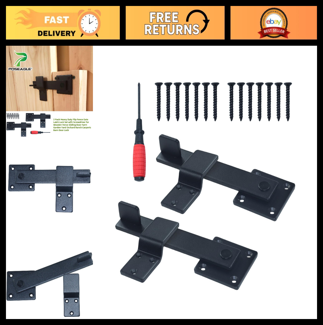 Heavy Duty Flip Fence Gate Latch Lock Set - 2 Pack with Screwdriver for Wooden D