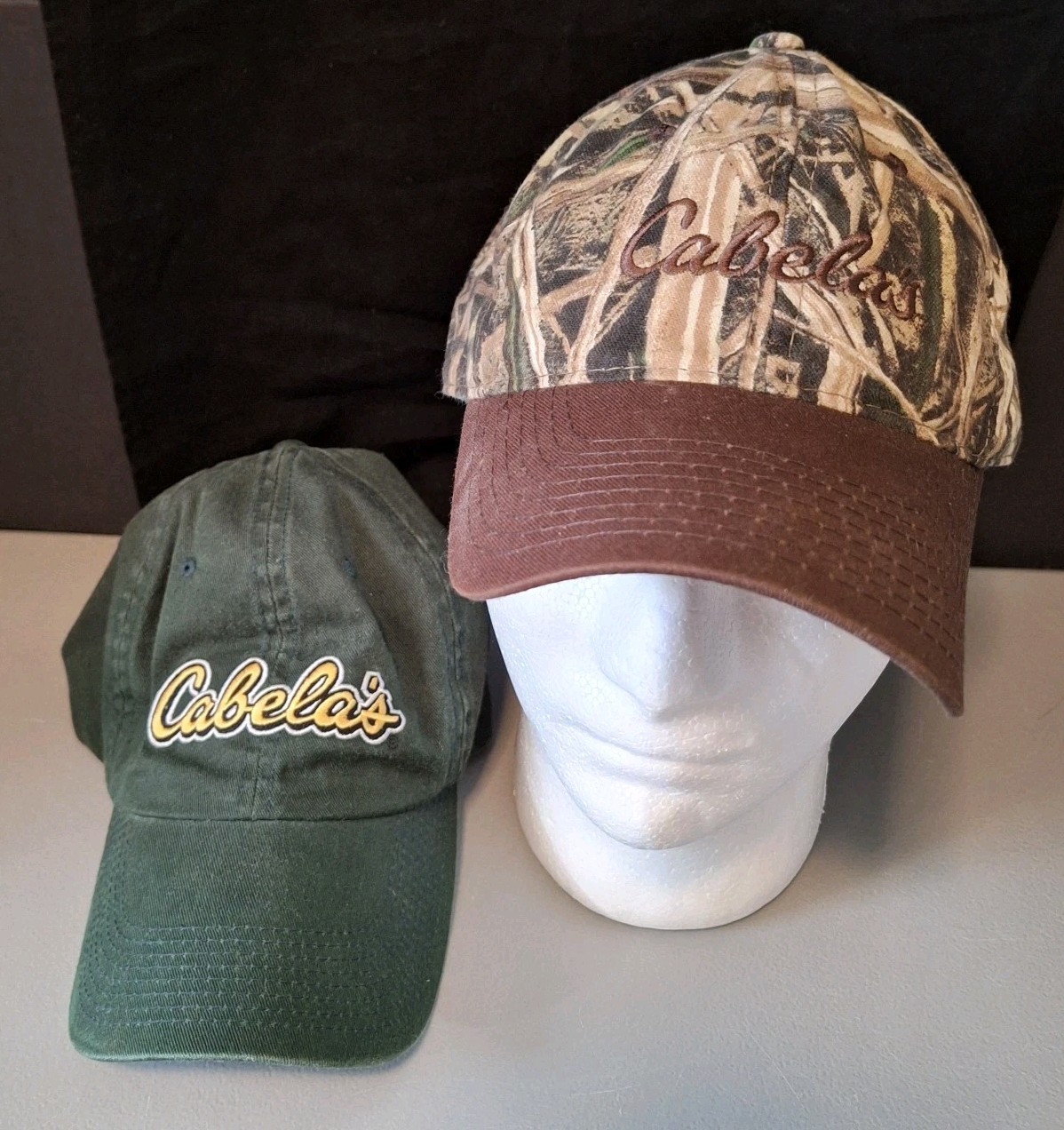 Lot Of 2 Cabelas Hats Adjustable Camo &  Green  Hunting, Fishing, Outdoors