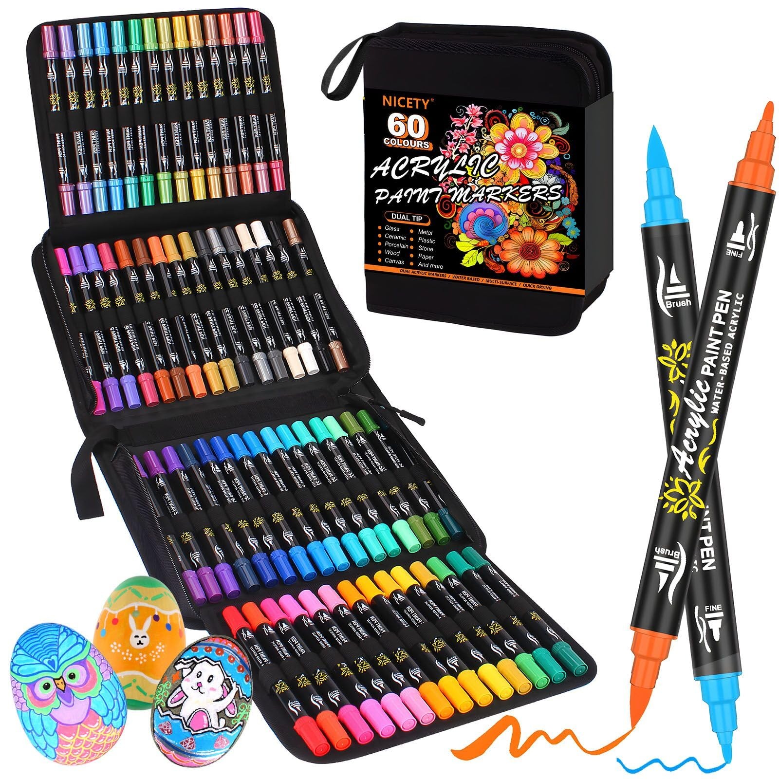 Acrylic Paint Pens Paint Markers - 60 Colours Dual tip Brush Paint